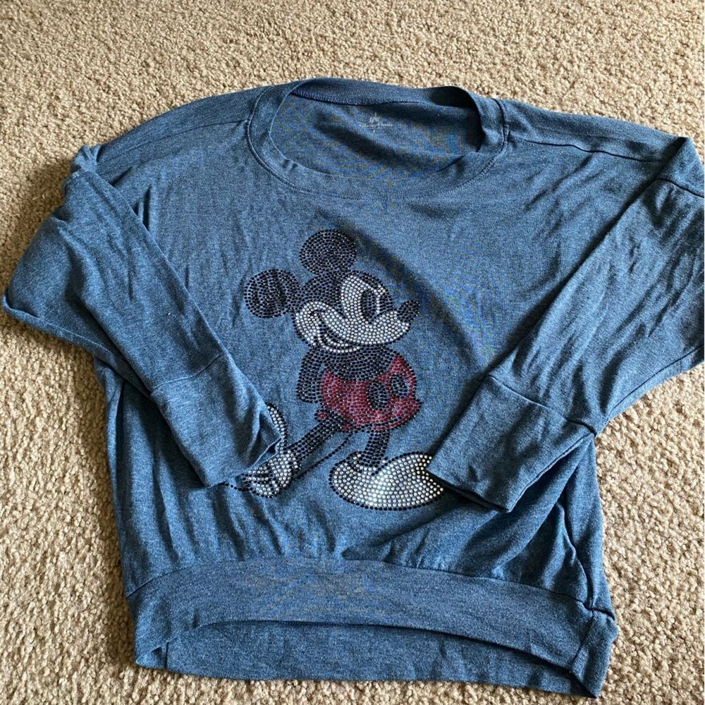 Womens Disney Parks Blue Mickey Mouse Jeweled Long Sleeve Shirt Tshirt